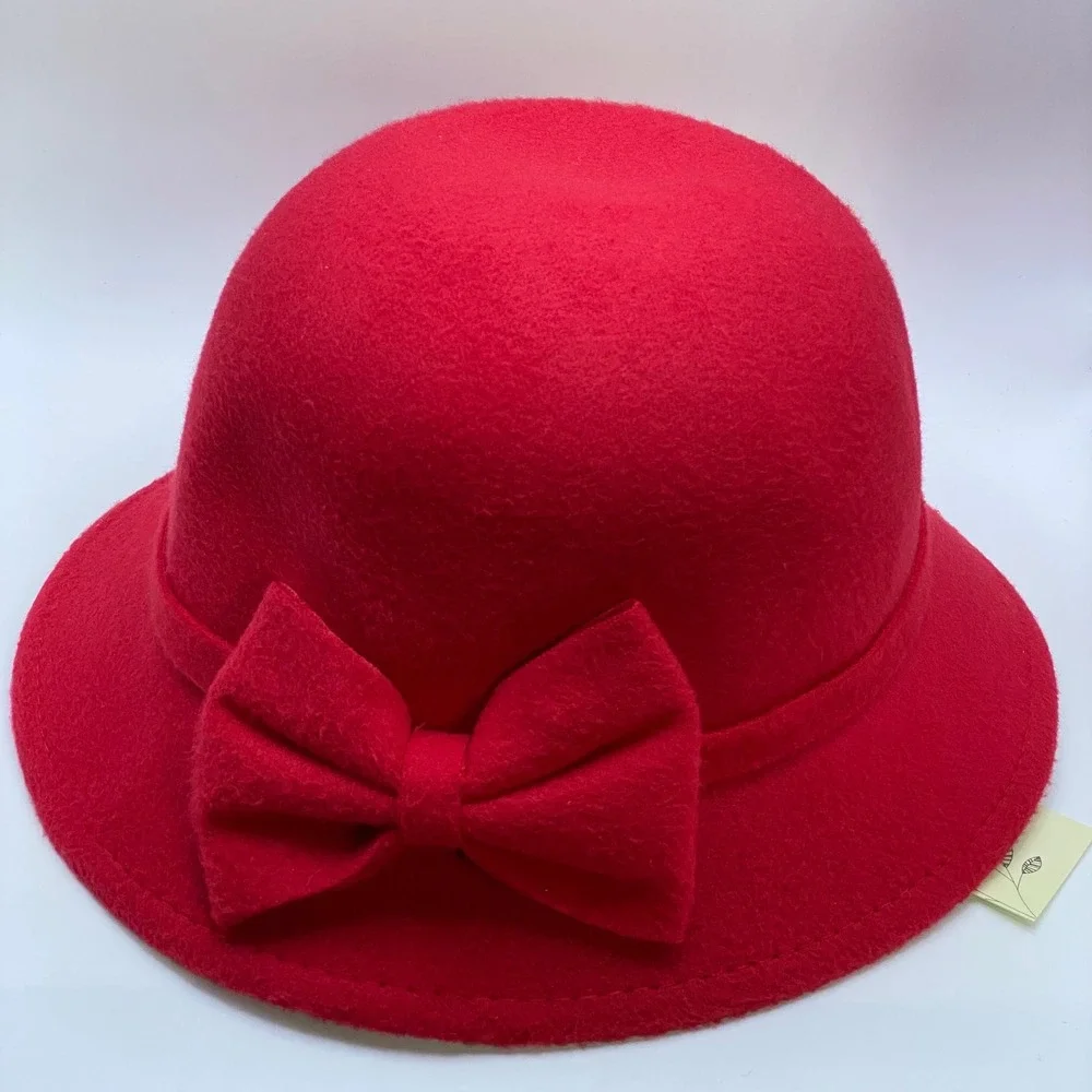 NWT Vintage Style Red Felt Cloche Structured Hat Bow Retro Elegant Coquette